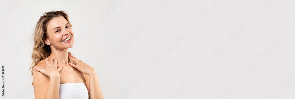 Spa Offer. Wide Banner With Beautiful Middle Aged Woman Wrapped In Towel Spa Offer. Wide Banner With Beautiful Middle Aged Woman Wrapped In Towel