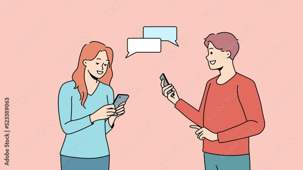 Smiling man and woman texting online on smartphones. Happy couple chat on internet on cellphones. Dating on web. Motion illustration. 