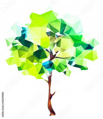 Bright tree with chrystal polygons. Vector in Low Poly Art. White background. 