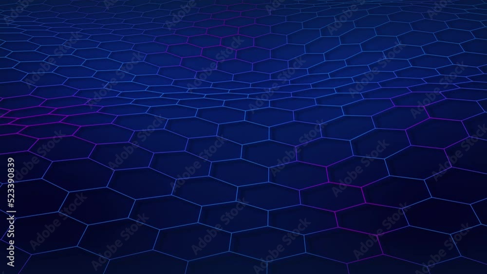 Technological grid of hexagons on a blue background. Glowing blue purple gradient color hex wireframe. Seamless looping animation. Technological grid of hexagons on a blue background. Glowing blue purple gradient color hex wireframe. Seamless looping animation.
