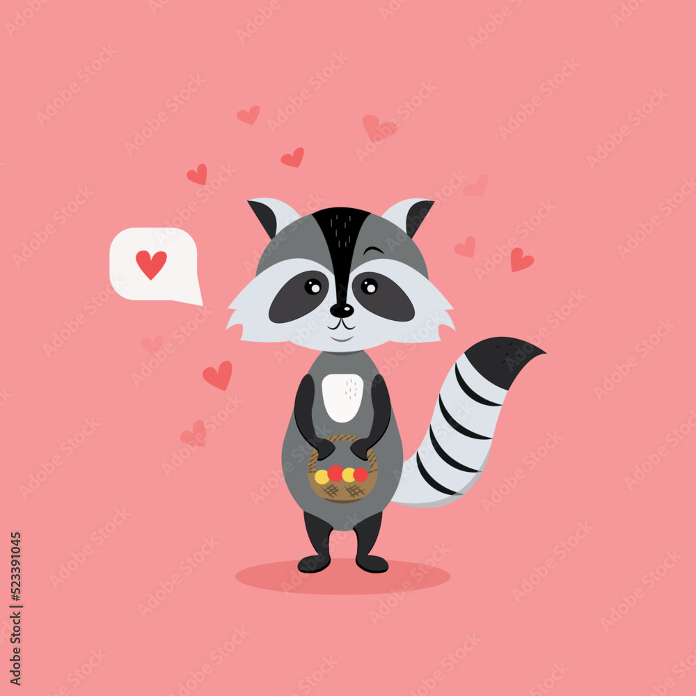 Funny animals kids design print. Cute raccoon with love on a pink background. Vector illustration in flat style.