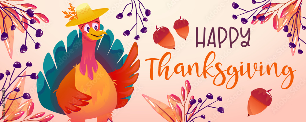 Cartoon turkey thanksgiving character autumn banner. Happy thanksgiving background. Funny bird with hat character. Autumn bird cute turkey Cartoon turkey thanksgiving character autumn banner. Happy thanksgiving background. Funny bird with hat character. Autumn bird cute turkey