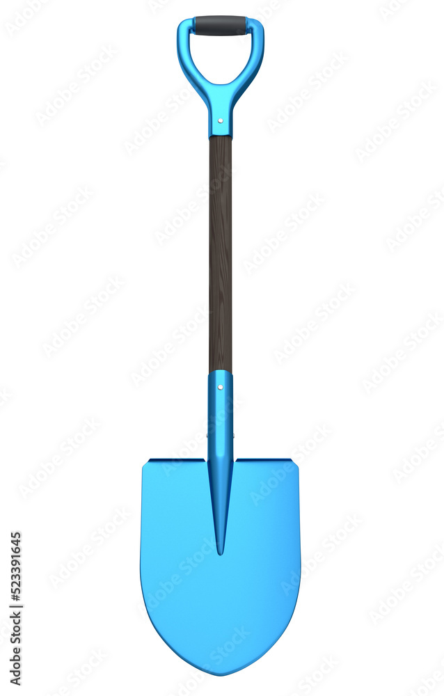 Garden shovel with wooden handle on white background, summer camping concept Garden shovel with wooden handle on white background, summer camping concept