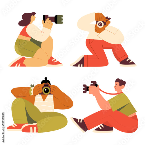 Male and female photographers sit in funny positions and take pictures with cameras