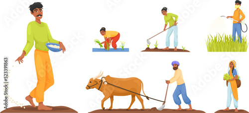 Cartoon indian farmers. Traditional rural farmer of farms village india, agricultural gardering ploughing field, agrarian man woman with farmers animal, exact vector illustration
