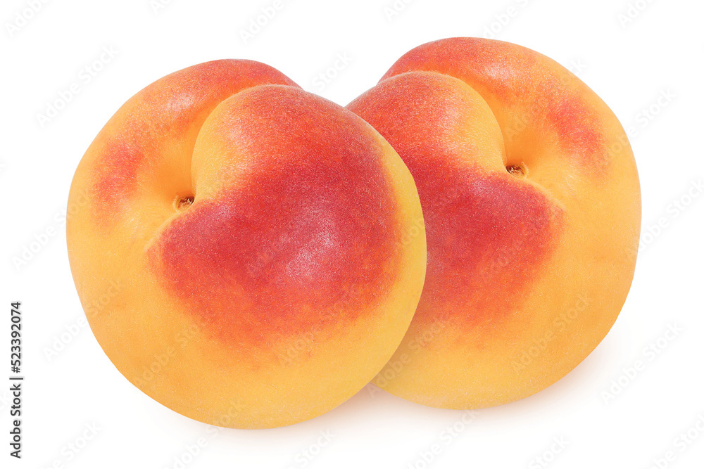 Two apricots on an isolated white background.