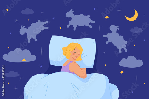 Sweet asleep woman. Sleeping girl in pajamas under blanket on bedroom bed, night healthy peaceful dream lamb stars, deep sleep bedtime concept dark background vector illustration