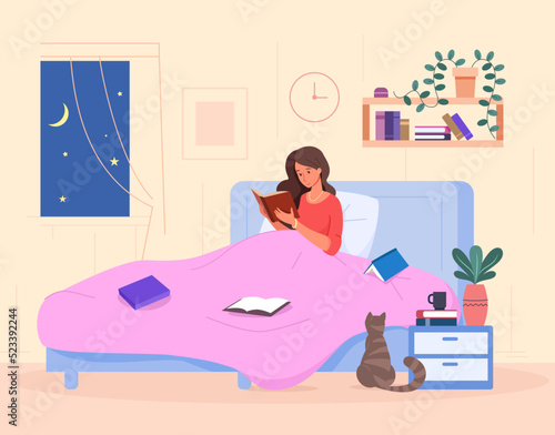 Woman reading on bed. Beautiful girl relax and reading book before sleep in home bedroom, night bedtime study or rest cosy bedding blanket with cat bedside, vector illustration