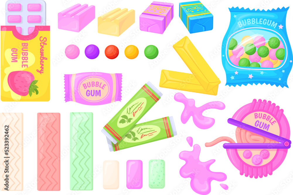 Chewing dragee. Gummy macula bubblegum in container wrappers, cartoon bubble gum chewy mint or fresh fruit candy cube package wrap foil, sweet sugar blot, neat vector illustration Chewing dragee. Gummy macula bubblegum in container wrappers, cartoon bubble gum chewy mint or fresh fruit candy cube package wrap foil, sweet sugar blot, neat vector illustration