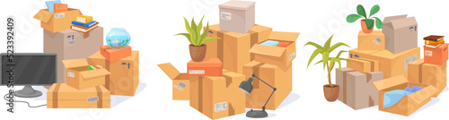 Stack home boxes. Moving house many cardboard box for storage family stuff clothes furniture, carton parcel packing move relocation new apartment office, neat vector illustration