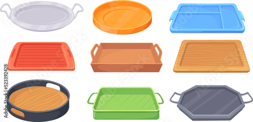 Empty meal trays. Cartoon tray food dish cafeteria service, wood plastic metal kitchen circle square plate canteen breakfast or restaurant platter isolated neat vector illustration photo