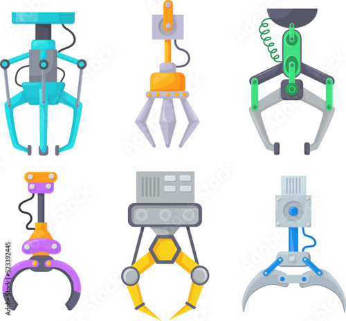 Mechanical claw toy. Grabbing machine tool robotic grabber or industrial factory crane robot metal arm grab cable machinery grip arcade game prize, cartoon neat vector illustration