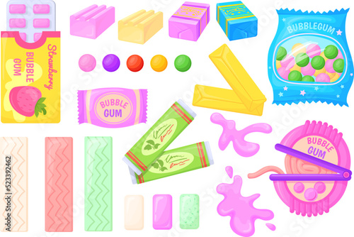 Chewing dragee. Gummy macula bubblegum in container wrappers, cartoon bubble gum chewy mint or fresh fruit candy cube package wrap foil, sweet sugar blot, neat vector illustration photo