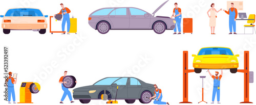 Car repair process. Auto repairman inspection and fix client automobile technical maintenance cars service, fitting tire lift assembly engine vehicle, splendid vector illustration