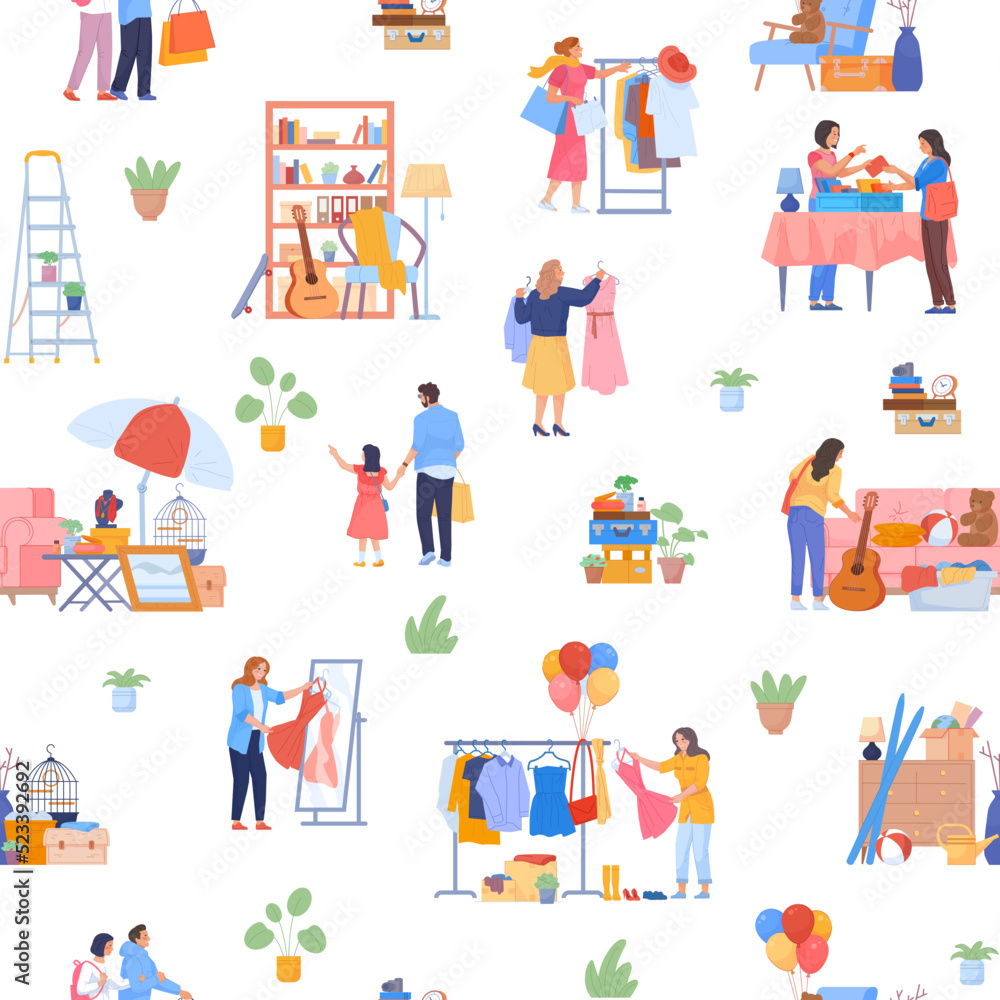 Flea market pattern. Advert selling swap second hands clothing, shopping used goods jewelry books fabric secondhand clothes, fair sale seamless backdrop, swanky vector illustration