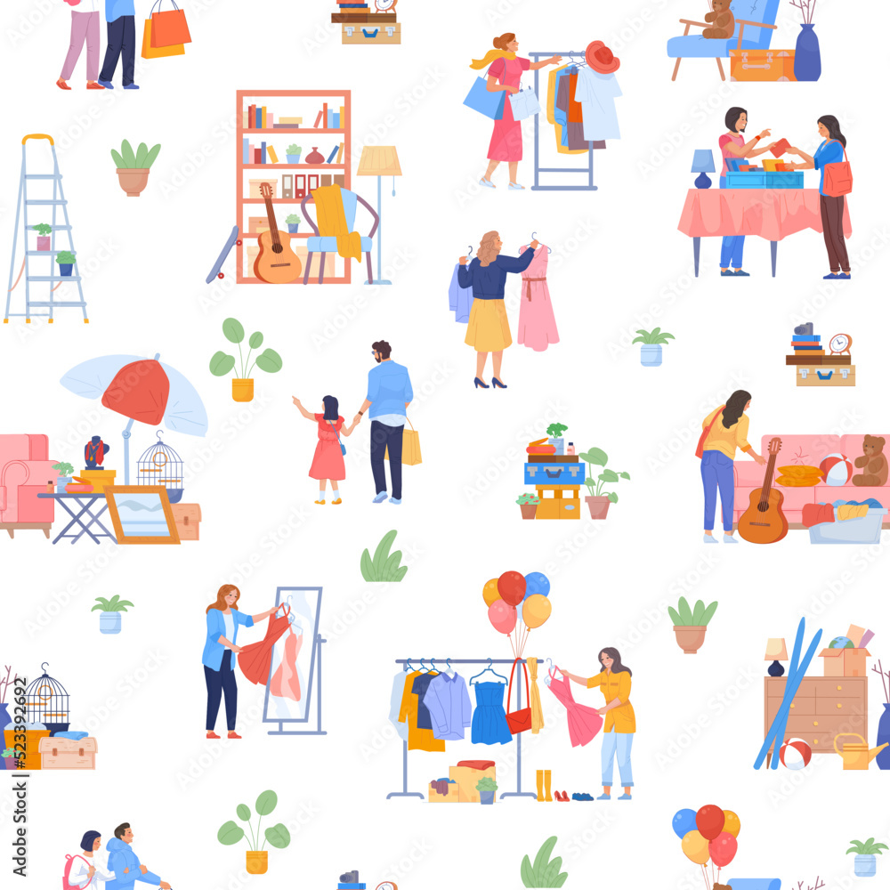 Flea market pattern. Advert selling swap second hands clothing, shopping used goods jewelry books fabric secondhand clothes, fair sale seamless backdrop, swanky vector illustration Flea market pattern. Advert selling swap second hands clothing, shopping used goods jewelry books fabric secondhand clothes, fair sale seamless backdrop, swanky vector illustration