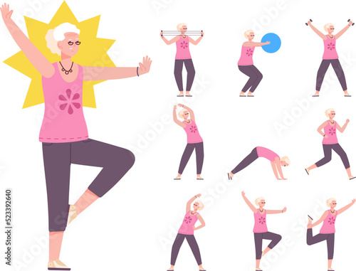 Seniors woman exercise. Aged lady fitness exercises wellness, elderly person active care health action sport elder athlete gym beautiful grandmother, splendid vector illustration