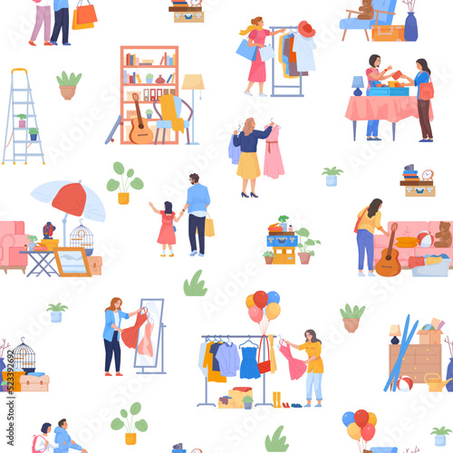 Flea market pattern. Advert selling swap second hands clothing  shopping used goods jewelry books fabric secondhand clothes  fair sale seamless backdrop  swanky vector illustration