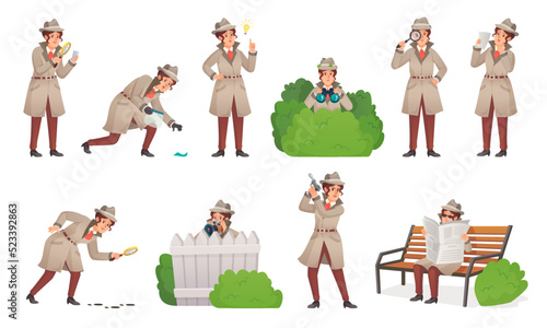 Detective woman. Cartoon sleuth mystery girl female inspector with magnifying glass look evidence secret agent character police surveillance detectice ingenious vector illustration photo