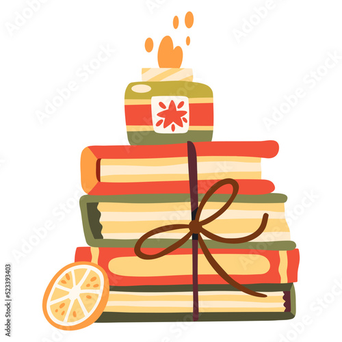 Autumn ilustration with stack of books, burning candle and slice of dry orange