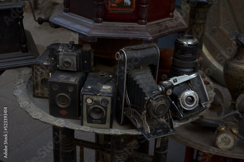 old retro film cameras in display