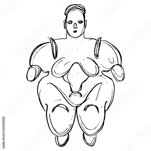 Neolithic goddess from Çatalhöyük, Turkey. Ancient Great mother sculpture. Fat naked woman. Hand drawn linear doodle rough sketch. Black silhouette on white background.