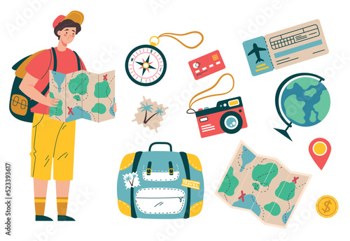 Tourist travel character with vacation tools objects isolated set collection. Vector graphic design illustration