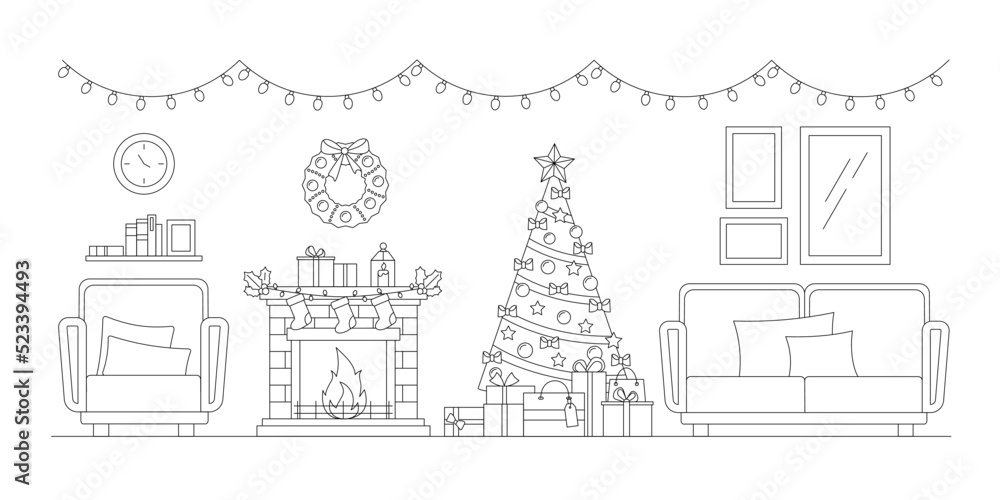 Christmas living room line art interior scene. Vector editable stroke illustration.