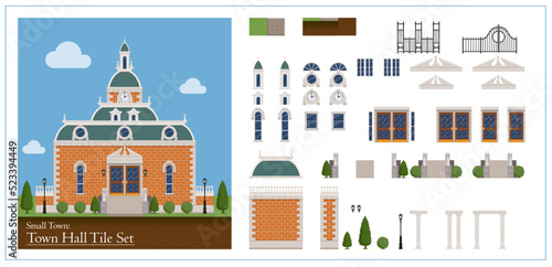 Tile set for designing a small town city hall exterior background