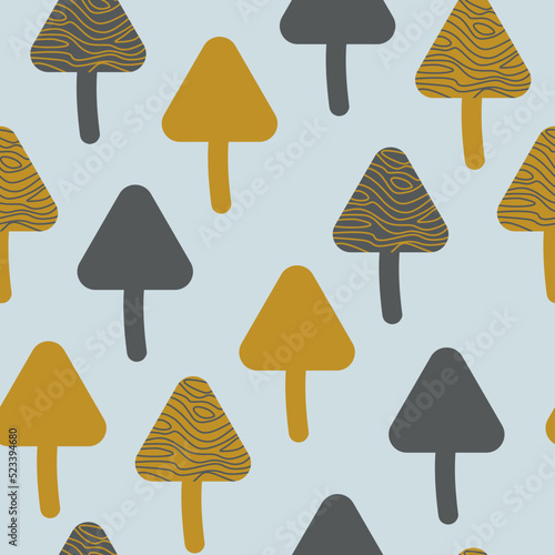 Texture of forest trees and mushrooms. Seamless pattern of decorative gold nature. Modern design for paper, cover, fabric, interior decor and other users. Vector illustration.