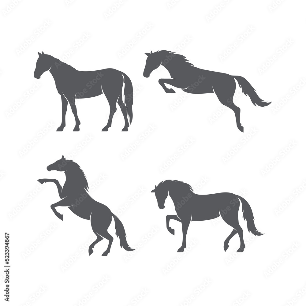 Set of Horse realistic silhouette logo design. Horse pictogram. Side view of horse design pack. Vector illustration