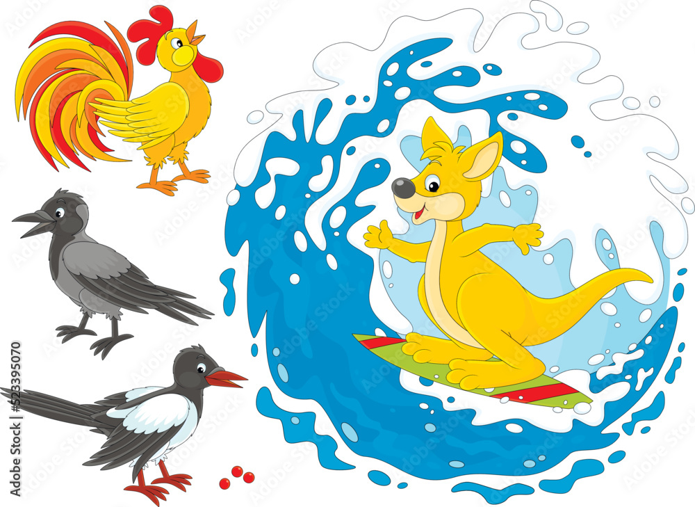 Fototapeta premium Vector cartoon set of a funny kangaroo surfer, crow, rooster and magpie