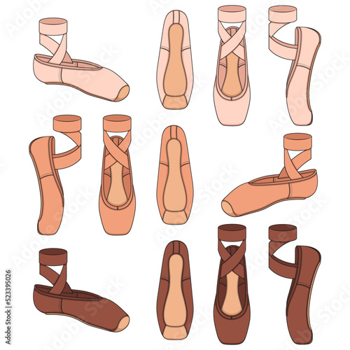 Set of color illustrations with pointe shoes, ballet shoes. Isolated vector objects on a white background.