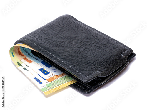 Black leather wallet with euro banknotes. Isolated on white background