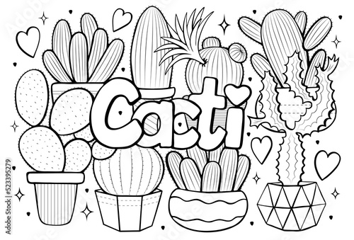 Cacti anti stress coloring page with set of cactuses, hand drawn line art for plant lovers converted to vector