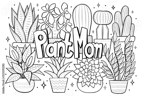 Plant mom anti stress coloring page with set of succulents plants and cactuses, hand drawn line art for plant lovers converted to vector