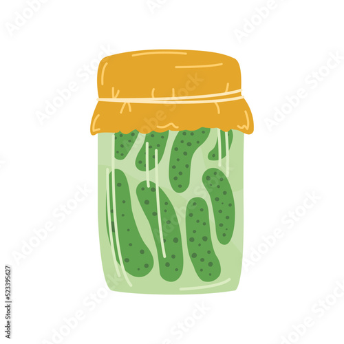 Hand drawn colorful jar of pickled cucumbers doodle style, vector illustration isolated on white background. Preparing food for winter, yellow cover, decorative design element