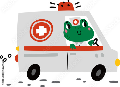 Cute frog driving ambulance. Animal car driver