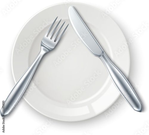 Dining etiquette pause signal. White plate with fork and knife