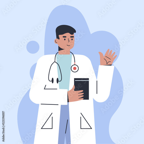 Profile icons doctor. Personal doctor giving advice for patient. Landing page website illustration vector flat design. Online doctor. Banner by family doctor. photo