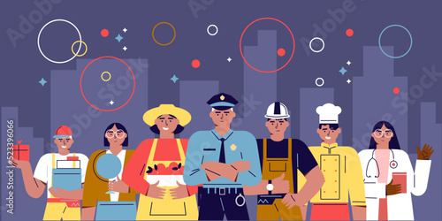 Labor Day holiday horizontal vector with large group of diverse workers of various professions and specialists. Modern flat vector cartoon illustration concept for banner, poster, layout.