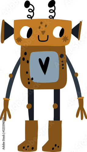 Funny robot. Retro rusty droid in childish hand drawn style