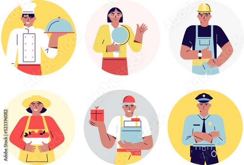 Labor Day. large people diverse workers of various professions and specialists. Modern flat vector cartoon illustration concept for banner, poster, layout. Cook, police, doctor, teacher ect