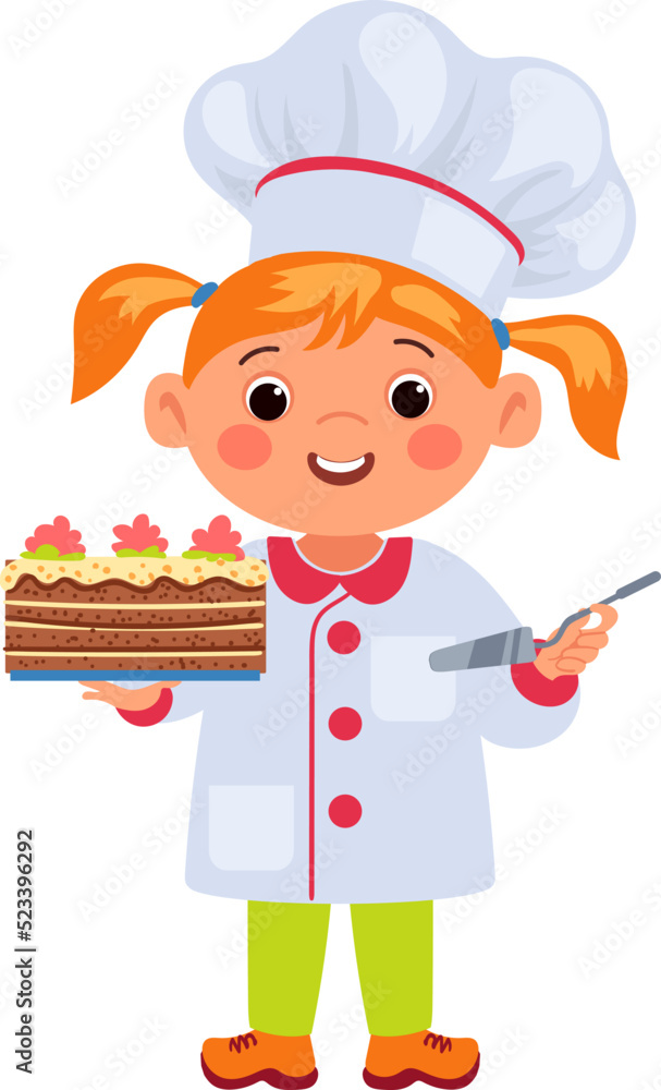 Girl chef with baked cake. Kid cooking dessert