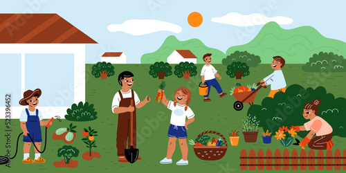 Kids garden planting. Little gardeners with father. Agriculture work. Childrens teaching botany. Plants and flowers care. Teenagers picking vegetables harvest. Garish vector concept