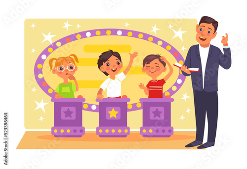 Kids quiz TV show. Children erudition competition. Smart boys and girls. Television program. Training game broadcasting. Host asks questions. Educational contest. Splendid vector concept