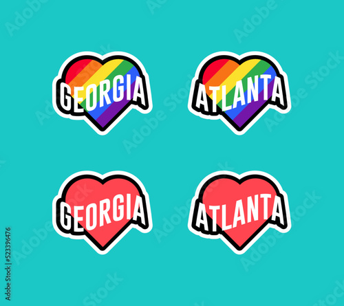Pride day labels or sticker collection in flat design. Georgia, Atlanta red and rainbow LGBT heart stickers. I love Louisiana, Baton Rouge. T-shirt design vector.