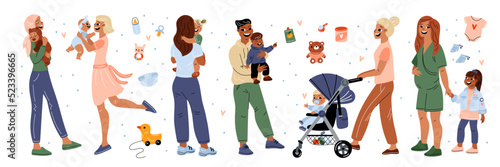 Moms with newborn babies. Parents hold little children in arms. Happy maternity. Toddler in stroller. Mother love. Father walking with infants. Pregnant woman. Garish vector motherhood set