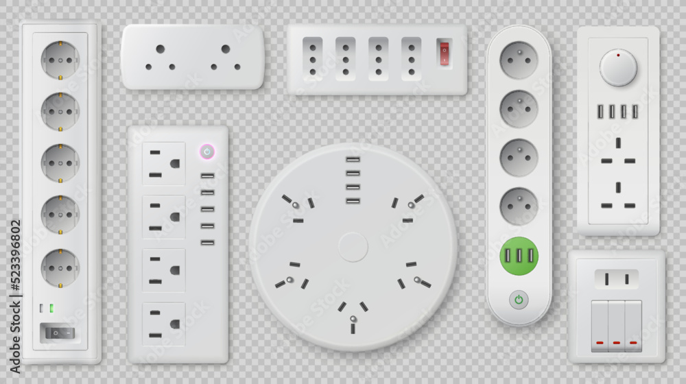 Power strip. Realistic electric elements. 3D white plastic sockets. Triple cable connectors. Switch devices. USB ports. Round and square shape. Electricity energy. Decent vector set Power strip. Realistic electric elements. 3D white plastic sockets. Triple cable connectors. Switch devices. USB ports. Round and square shape. Electricity energy. Decent vector set