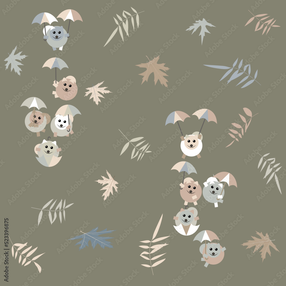 Fototapeta premium a pattern without a background of pomeranian puppies flying on colorful umbrellas